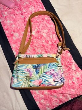 NWOT Rosetti Multicolor Tropical Butterfly Crossbody with Tan Trim